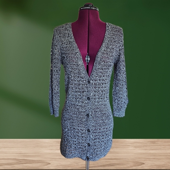 Dkny Sweaters - DKNY Loose Knit Deep V Neck Black White Buttoned Cardigan DKNY
